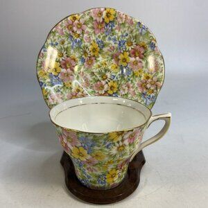 Vintage Rosina Tea Cup Saucer Chintz Floral Fine Bone China England Gold Gilt